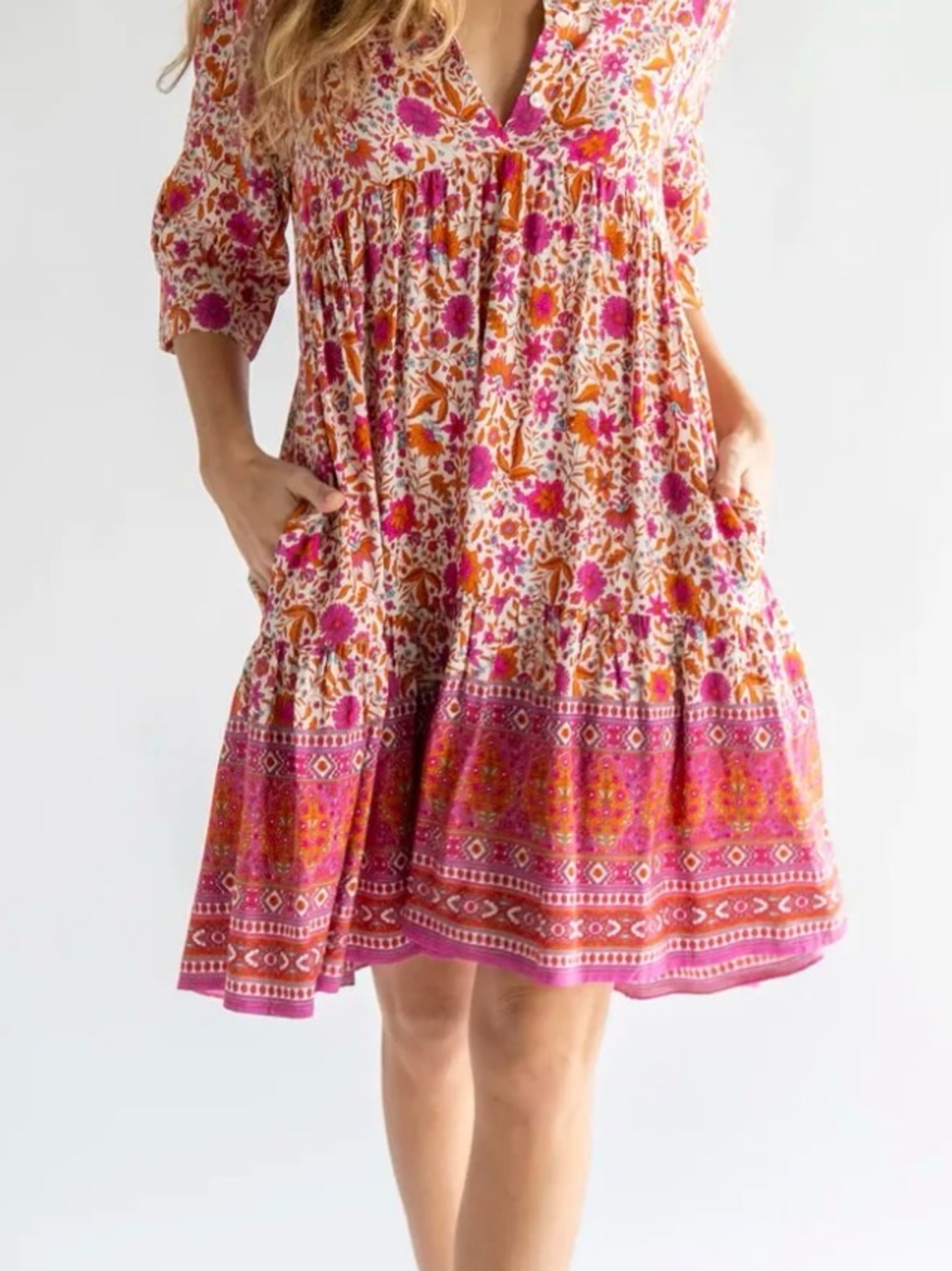 NATURAL LIFE Pink & Orange Floral Tiered V-Neck Mini Dress